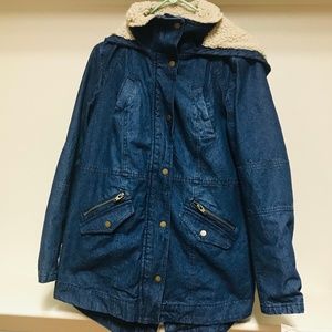 Style & Co. Denim long jacket with Sherpa hoodie